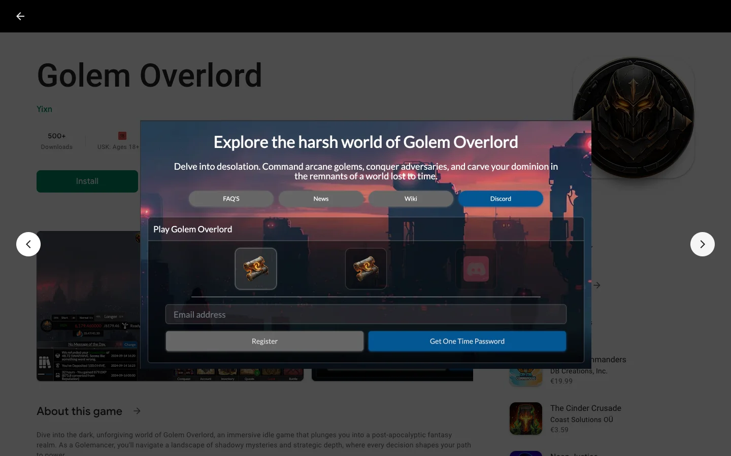 Golem Overlord blockchain idle game interface showing base management