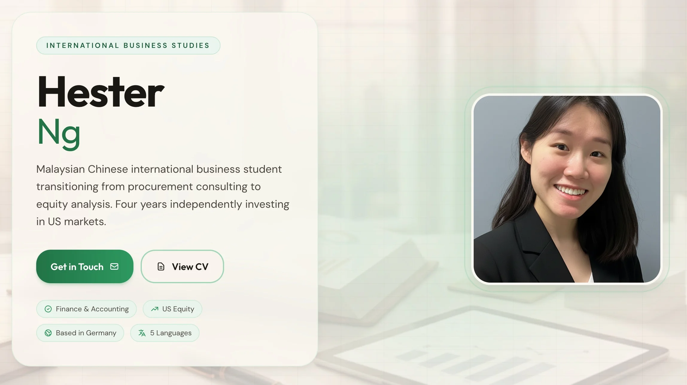 Hester NG portfolio website showing professional CV and career transition pages