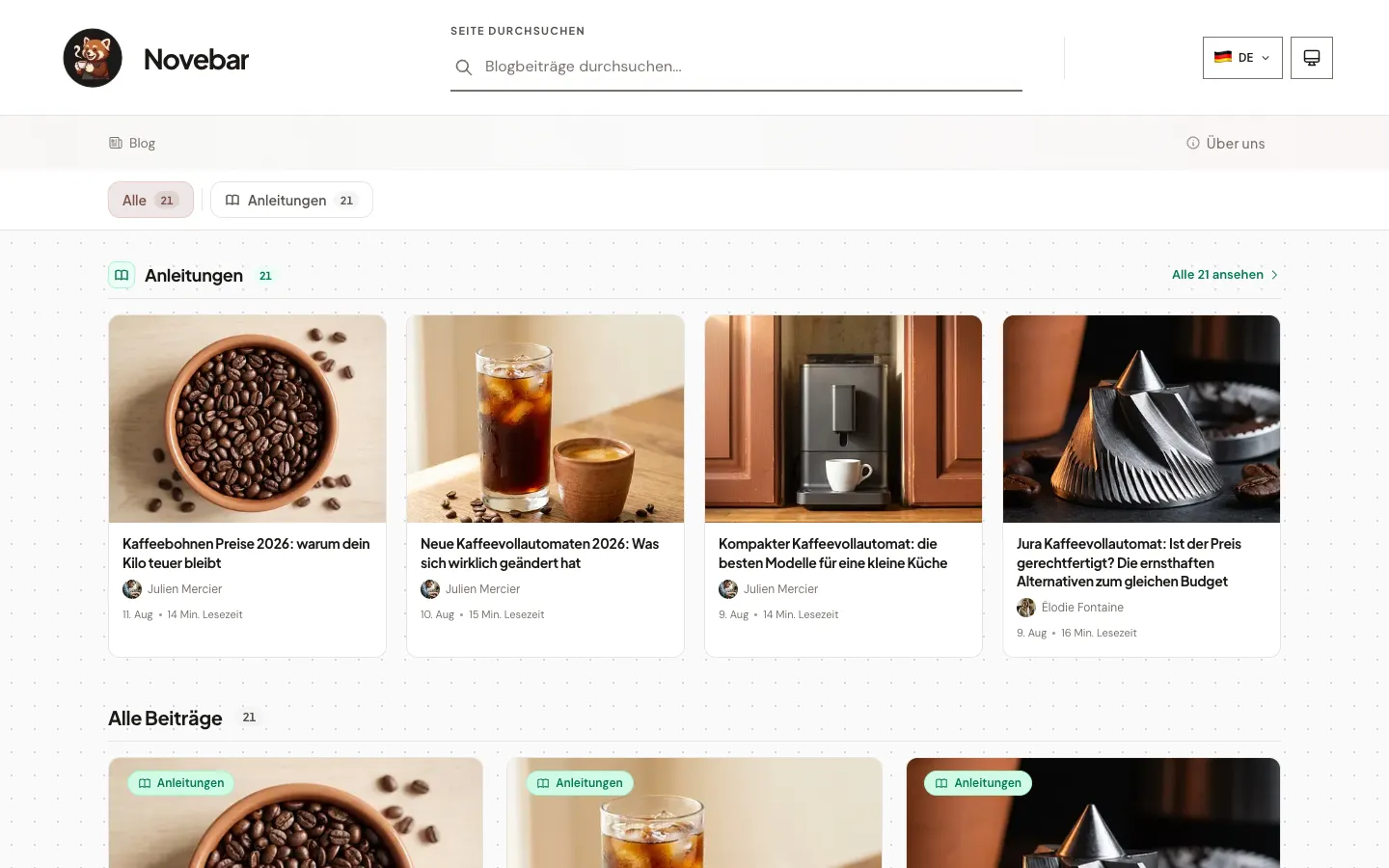 Novebar blog homepage
