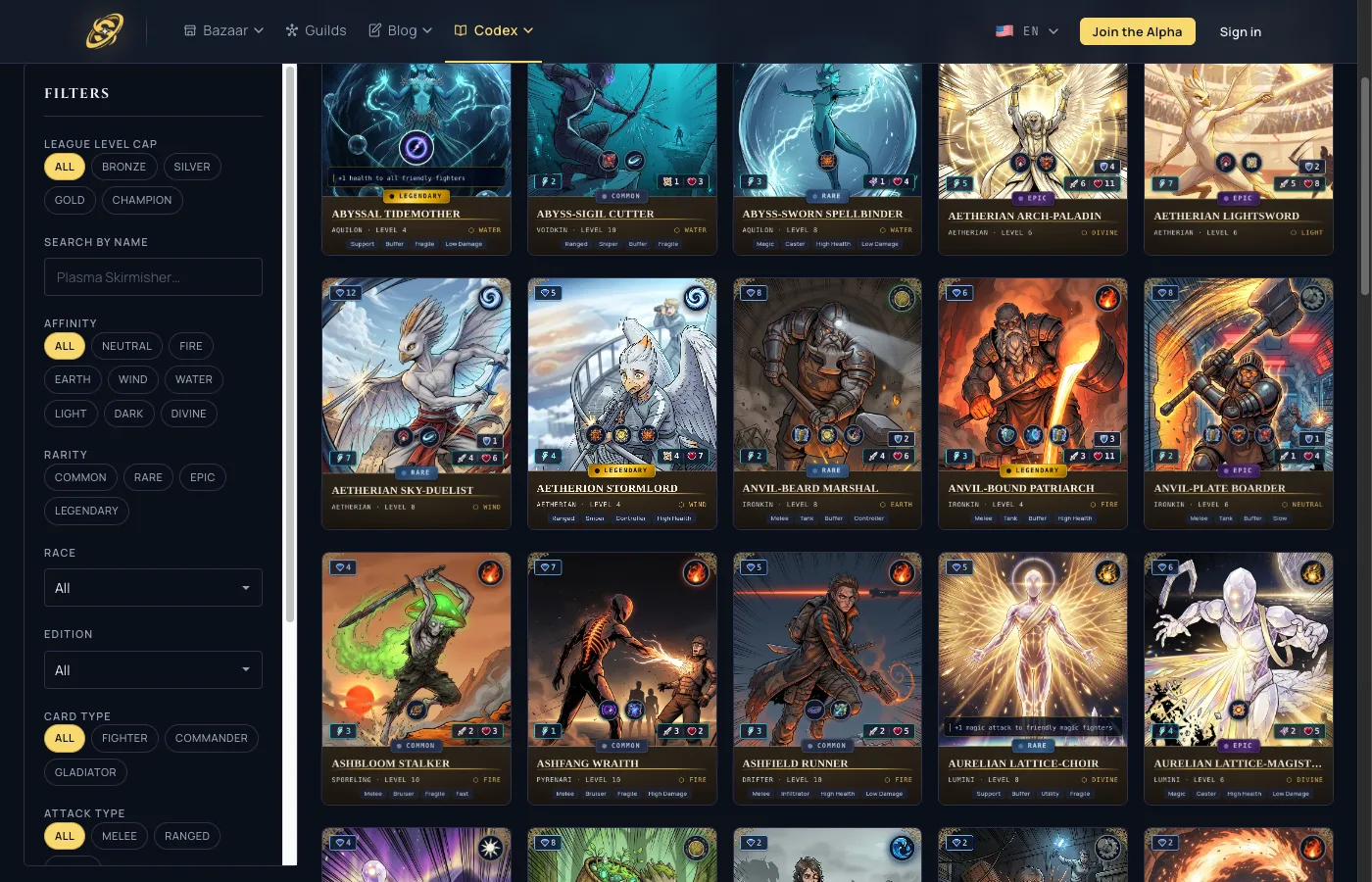 The Stellarch card collection grid, every card a kinetic anime panel