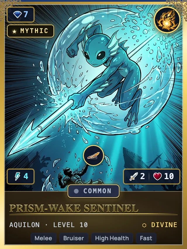 Stellarch card art: an Aquilon caster trailing a cyan prism wake