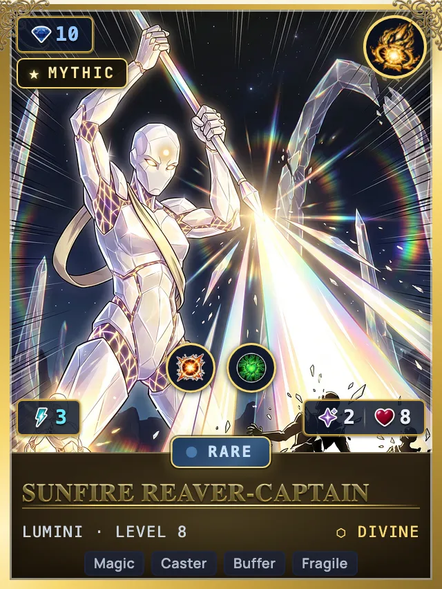 Stellarch card art: a radiant Lumini blazing with sunfire