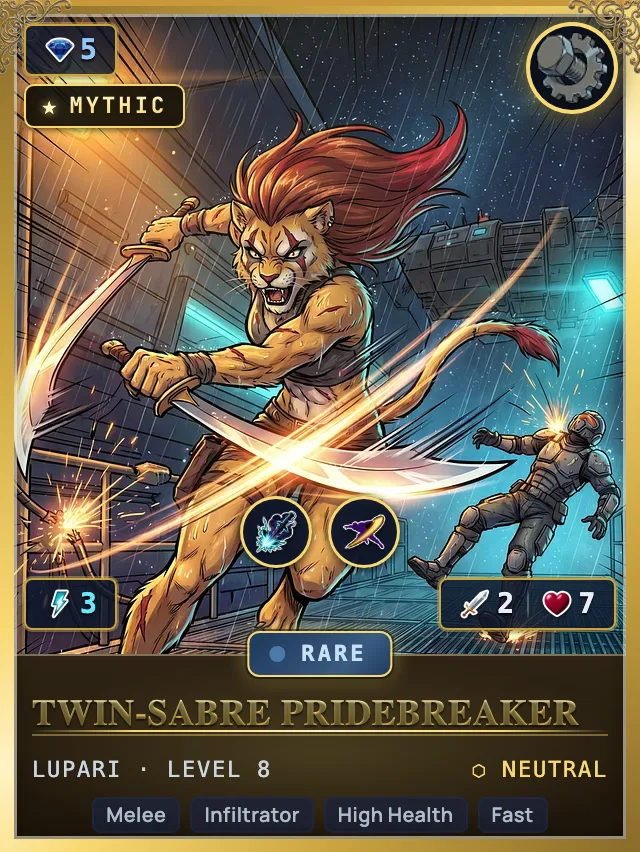 Stellarch card art: a Lupari lion warrior wielding twin sabres