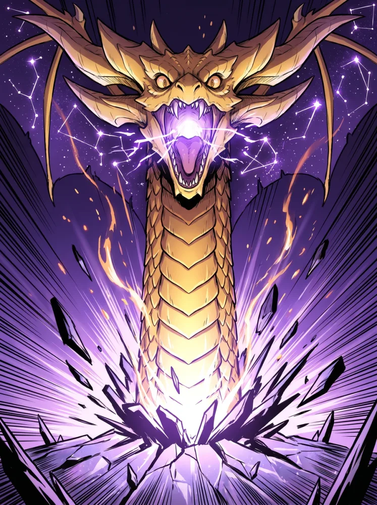 Stellarch card art: a divine gold cosmic wyrm mid-roar