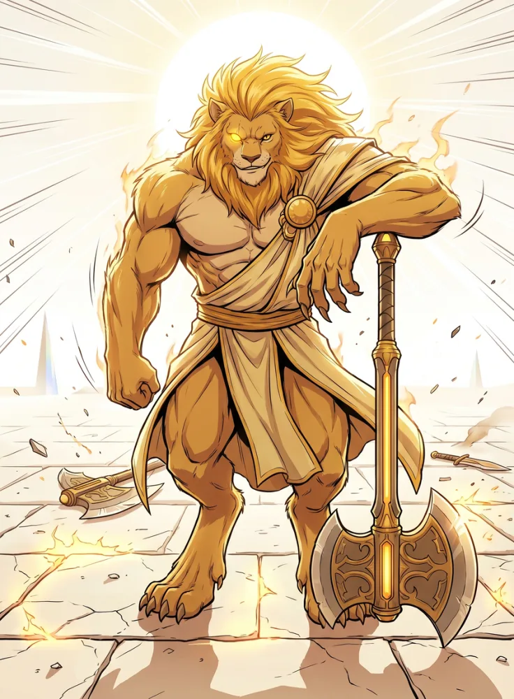 Stellarch card art: a gold lion-king warrior with a battle-axe