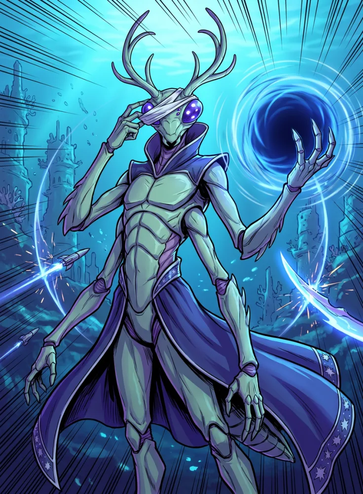 Stellarch card art: a cyan sorcerer beside a dark domain orb