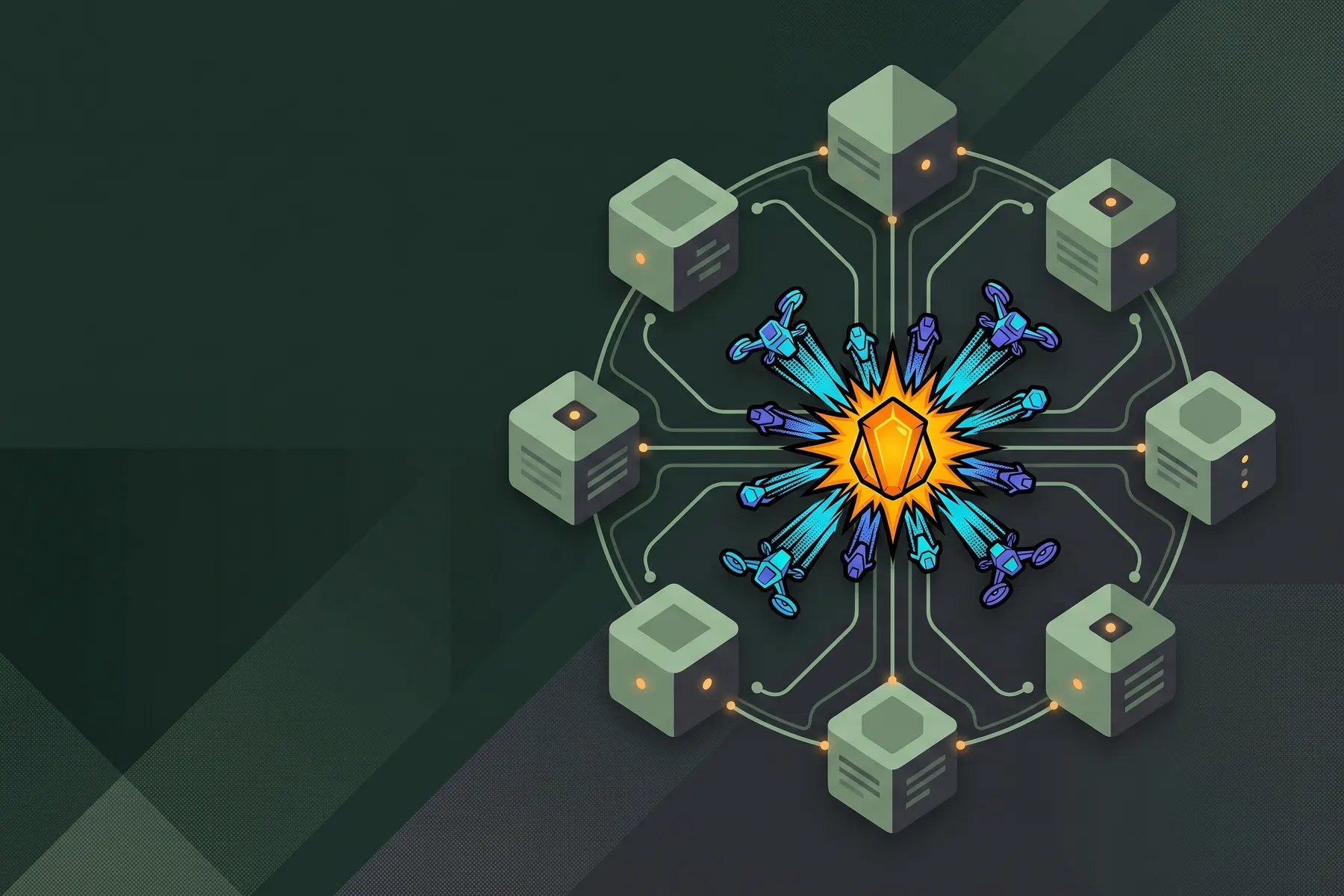 Swarmcore mark at the center of a network of independent publication nodes